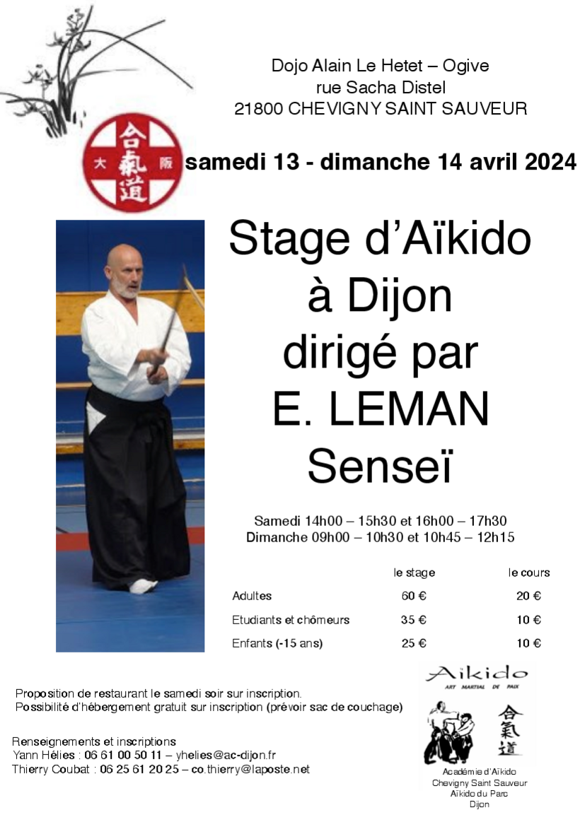 Affiche du Stage d'Aïkido à Chevigny-Saint-Sauveur animé par Etienne Leman du samedi 13 avril 2024 au dimanche 14 avril 2024