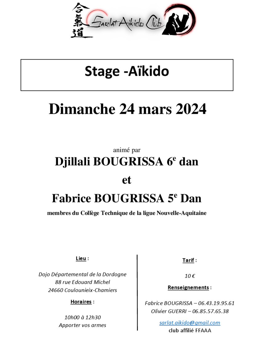 Affiche du Stage d'Aïkido à Coulounieix-Chamiers animé par Djillali Bougrissa et Fabrice Bougrissa le dimanche 24 mars 2024