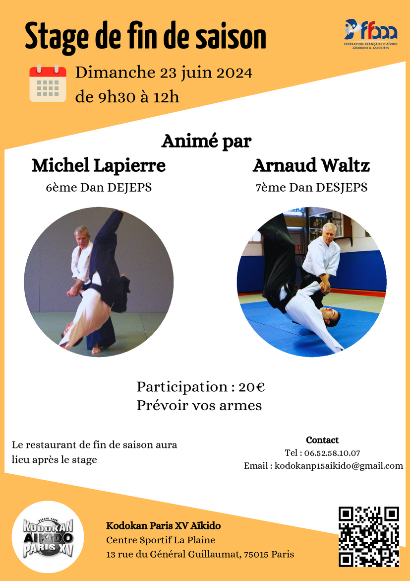 Affiche du Stage d'Aïkido à Paris animé par Arnaud Waltz et Michel Lapierre le dimanche 23 juin 2024