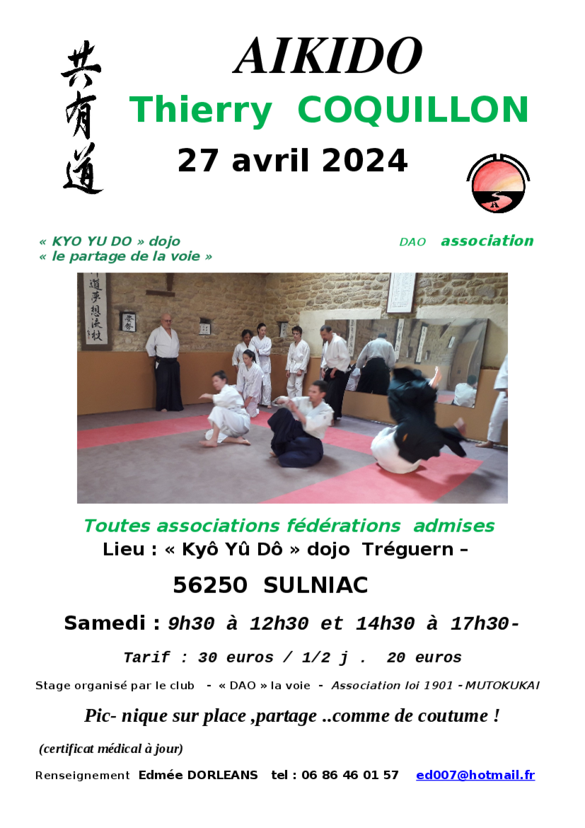 Affiche du Stage d'Aïkido à Sulniac animé par Thierry Coquillon le samedi 27 avril 2024