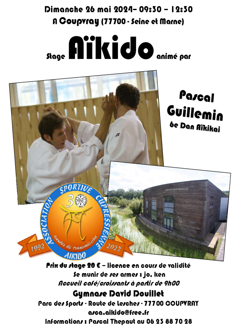 Affiche du Stage d'Aïkido à Coupvray animé par Pascal Guillemin le dimanche 26 mai 2024