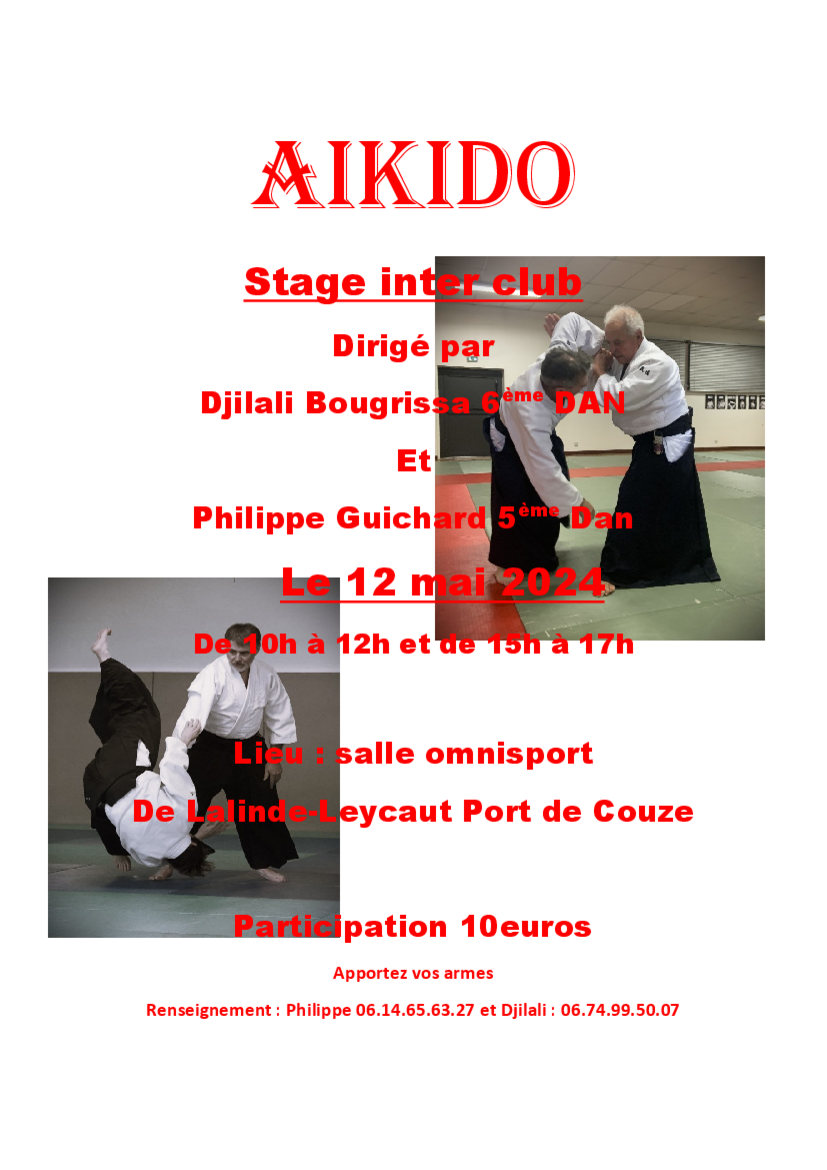 Affiche du Stage d'Aïkido à Lalinde animé par Djillali Bougrissa et Philippe Guichard le dimanche 12 mai 2024