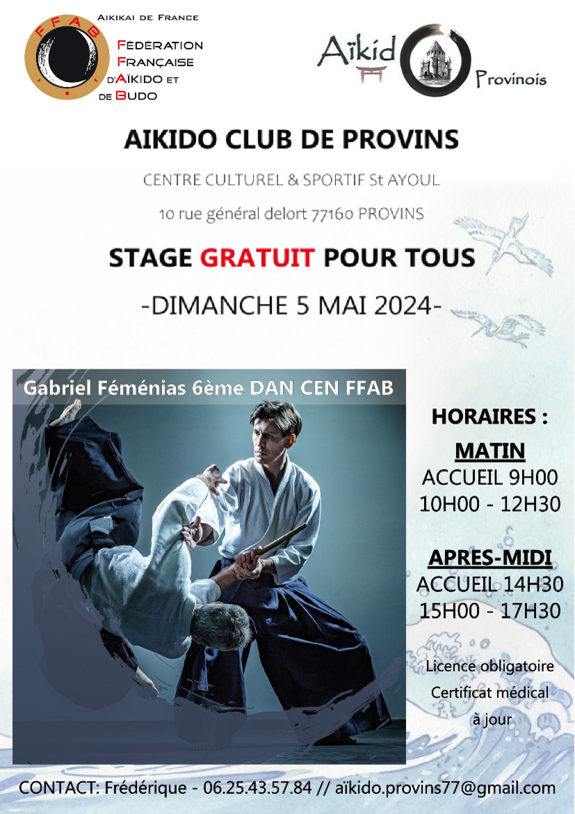 Affiche du Stage d'Aïkido à Provins animé par Gabriel Femenias le dimanche 5 mai 2024