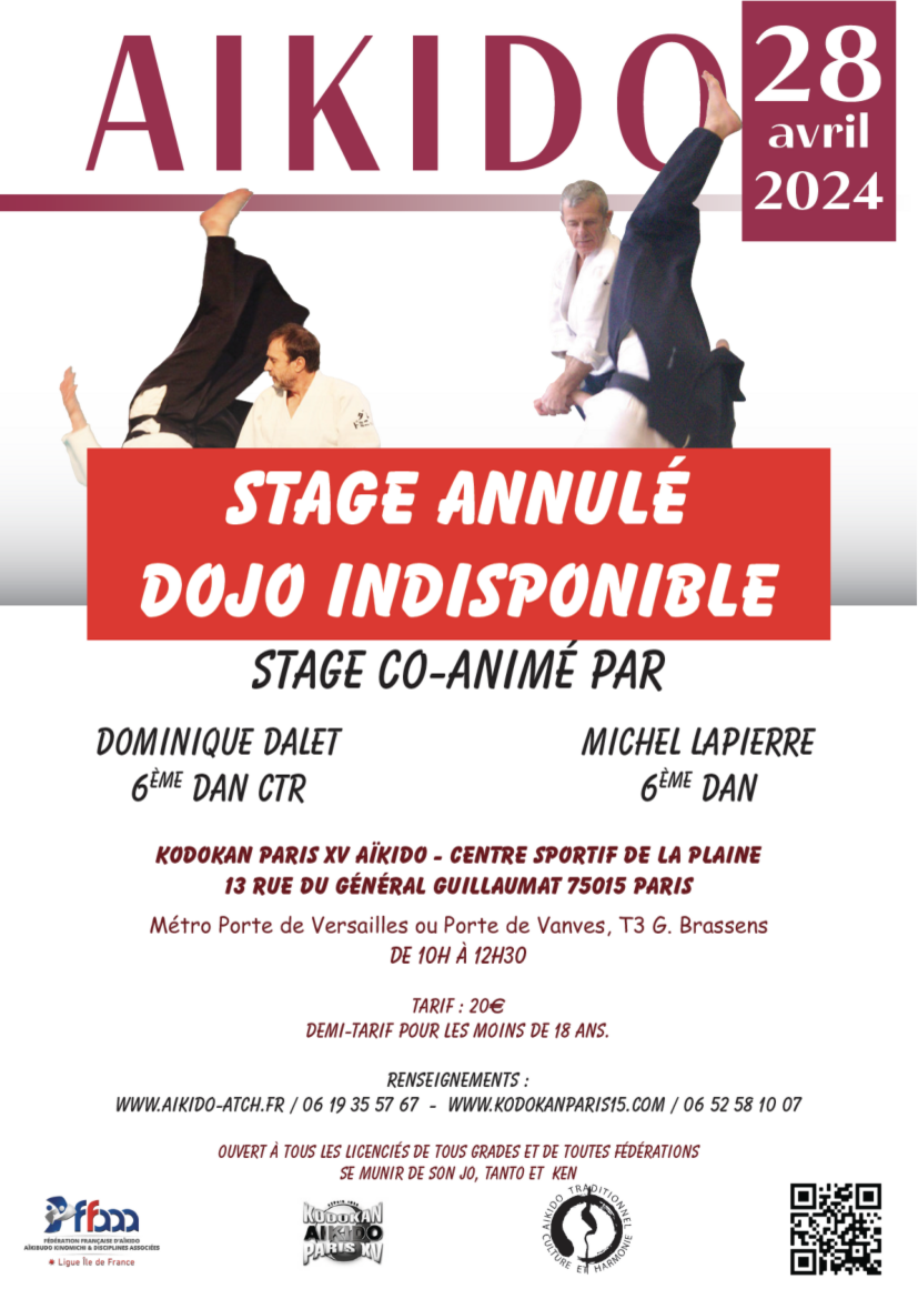 Affiche du Stage d'Aïkido à Paris animé par Dominique Dalet et Michel Lapierre le dimanche 28 avril 2024