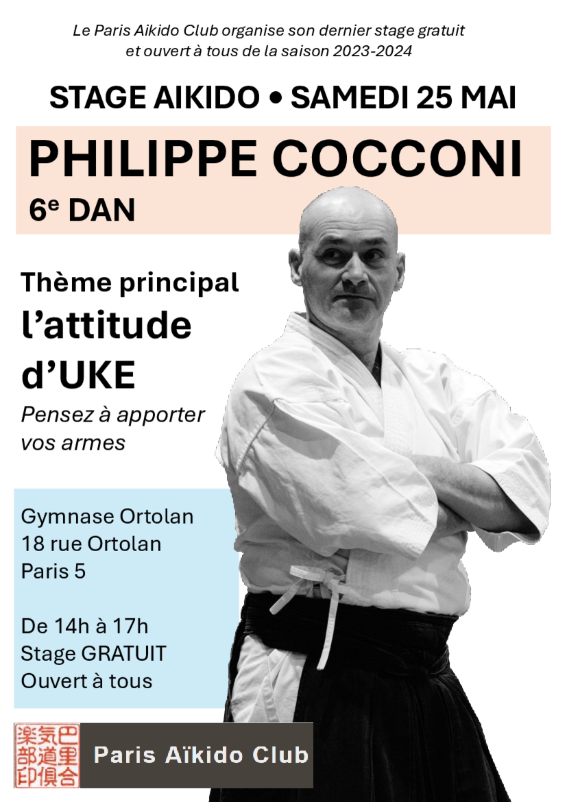 Affiche du Stage d'Aïkido à Paris animé par Philippe Cocconi le samedi 25 mai 2024