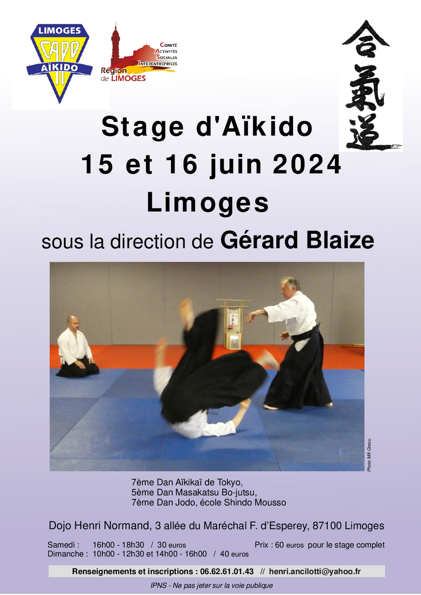 Affiche du Stage d'Aïkido à Limoges animé par Gérard Blaize du samedi 15 juin 2024 au dimanche 16 juin 2024