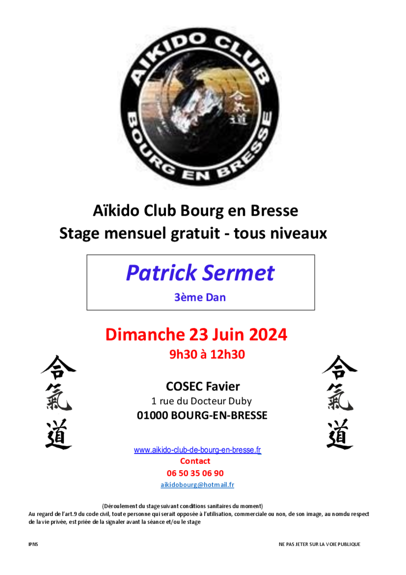 Affiche du Stage d'Aïkido à Bourg-en-Bresse animé par Patrick Sermet le dimanche 23 juin 2024