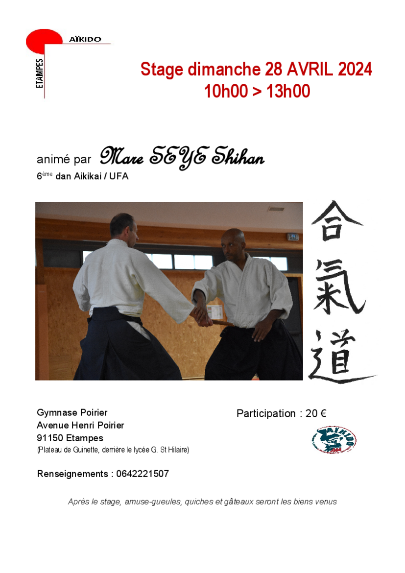 Affiche du Stage d'Aïkido à Étampes animé par Mare Seye le dimanche 28 avril 2024