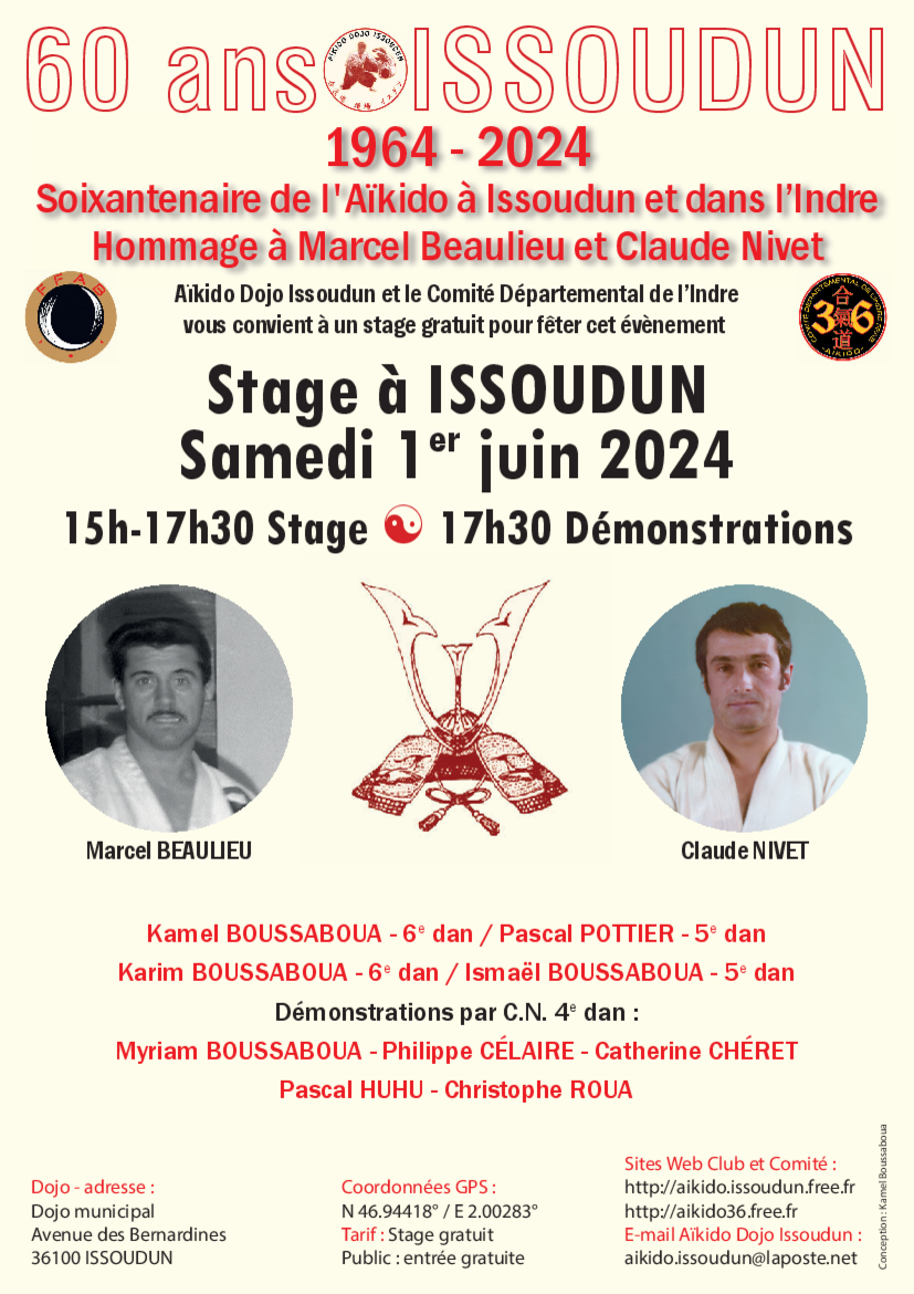 Affiche du Stage d'Aïkido à Issoudun animé par Kamel Boussaboua et Pascal Pottier et Karim Boussaboua et Ismaël Boussaboua le samedi 1 juin 2024