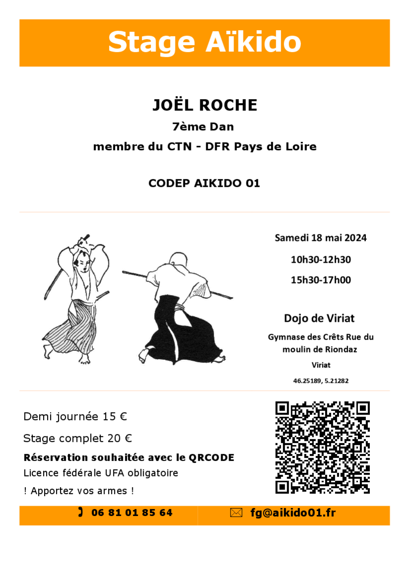 Affiche du Stage d'Aïkido à Viriat animé par Joël Roche le samedi 18 mai 2024