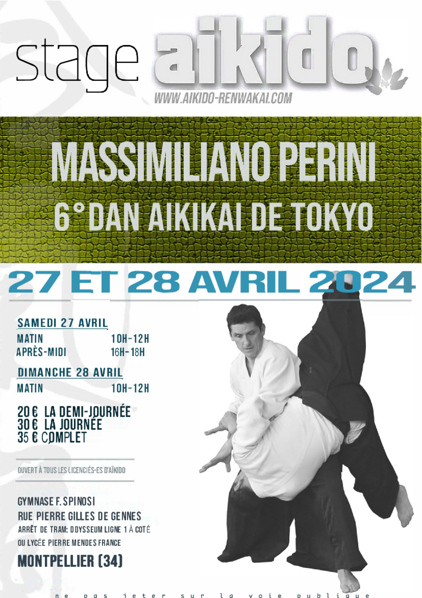 Affiche du Stage d'Aïkido à Montpellier animé par Massimiliano Perini du samedi 27 avril 2024 au dimanche 28 avril 2024