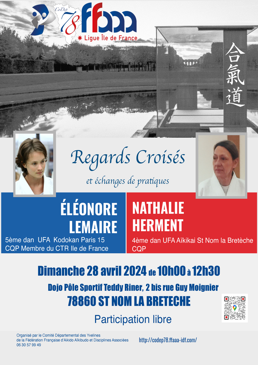 Affiche du Stage d'Aïkido à Saint-Nom-la-Bretèche animé par Eléonore Lemaire et Nathalie Herment le dimanche 28 avril 2024