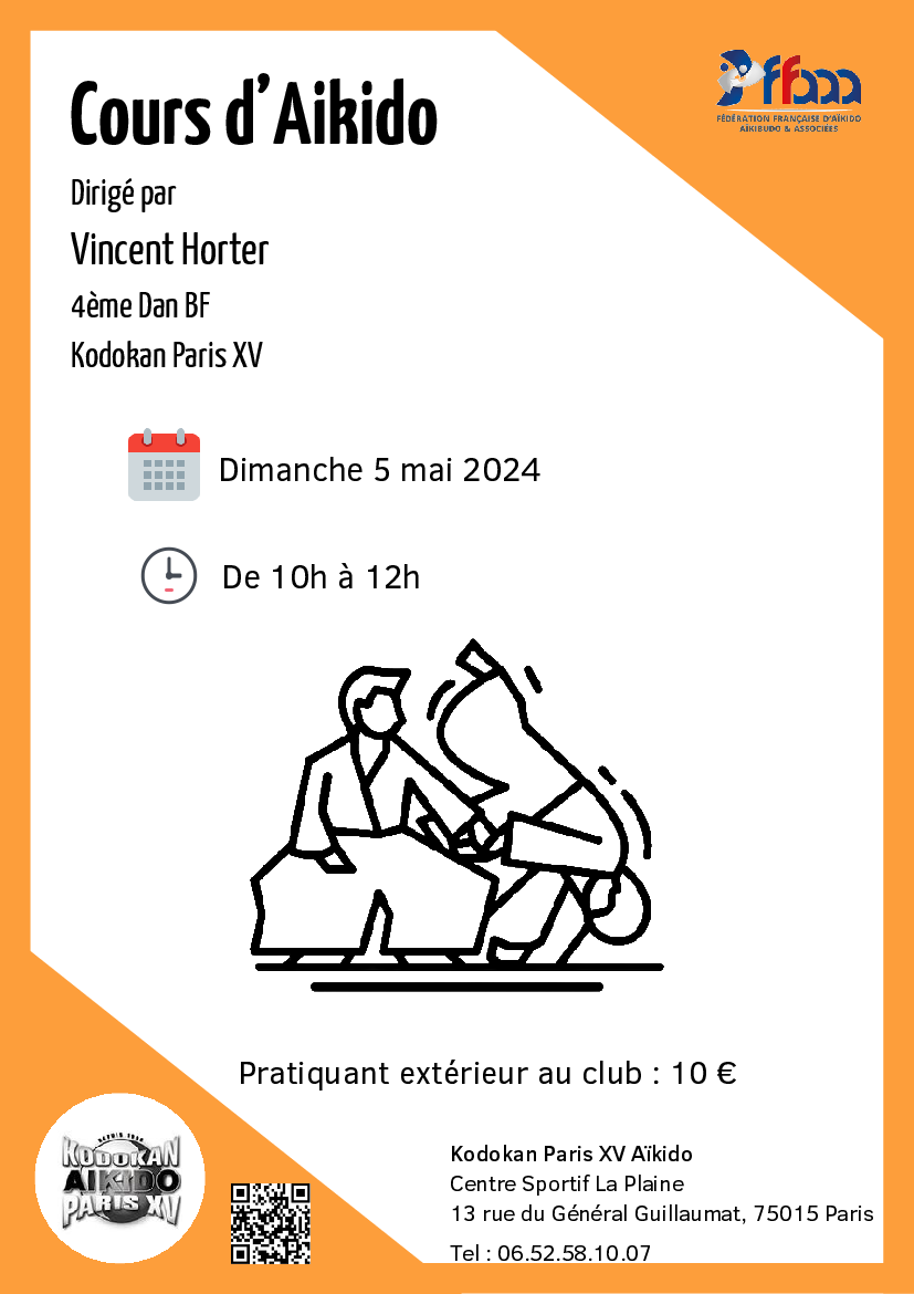 Affiche du Stage d'Aïkido à Paris animé par Vincent Horter le dimanche 5 mai 2024