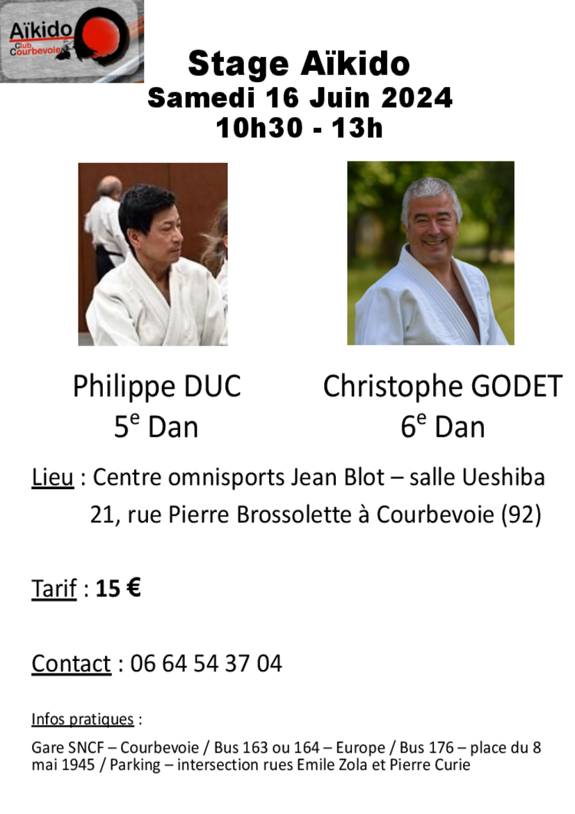 Affiche du Stage d'Aïkido à Courbevoie animé par Christophe Godet et Philippe Duc le dimanche 16 juin 2024