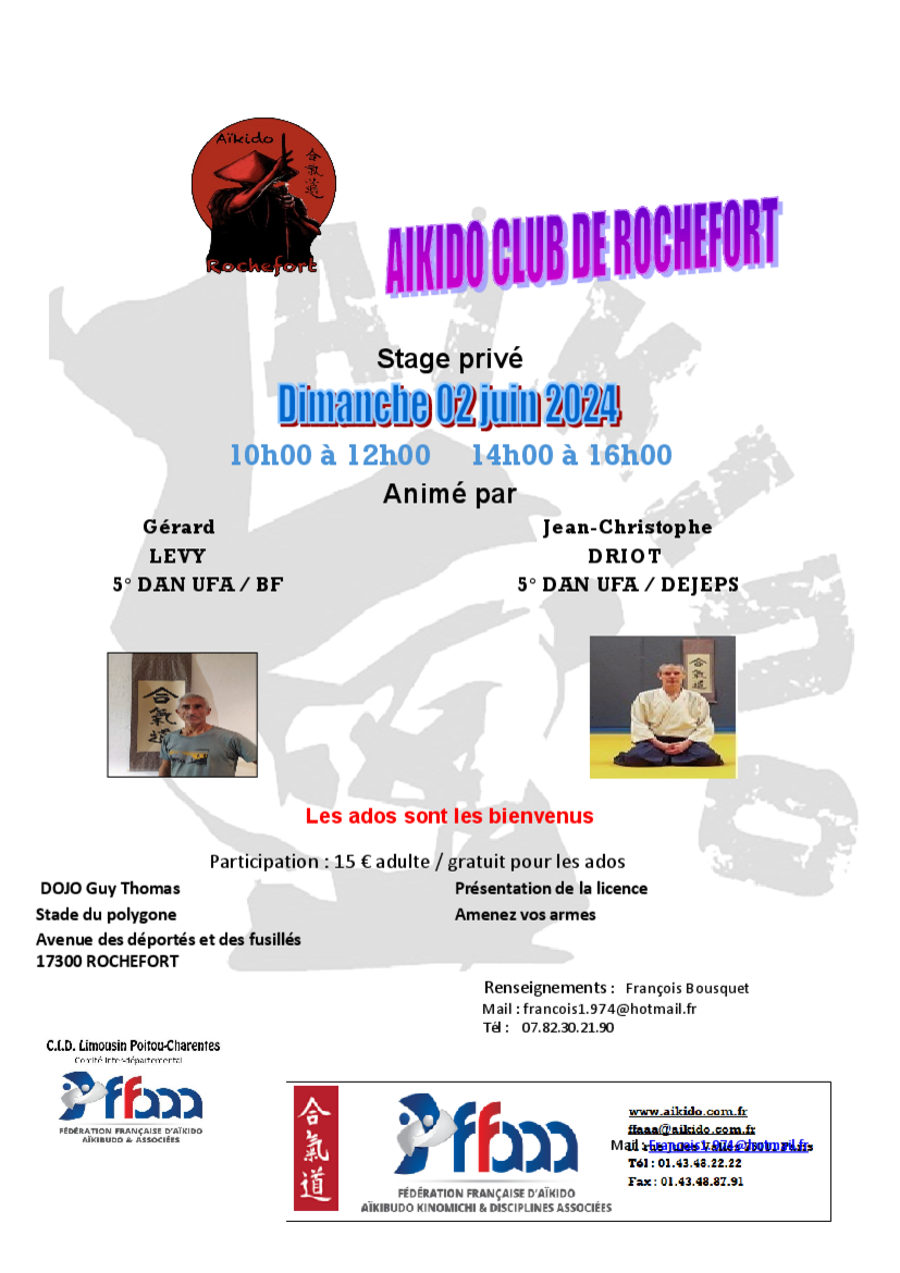 Affiche du Stage d'Aïkido à Rochefort animé par Gérard Levy et DRIOT Jean-Christophe le dimanche 2 juin 2024