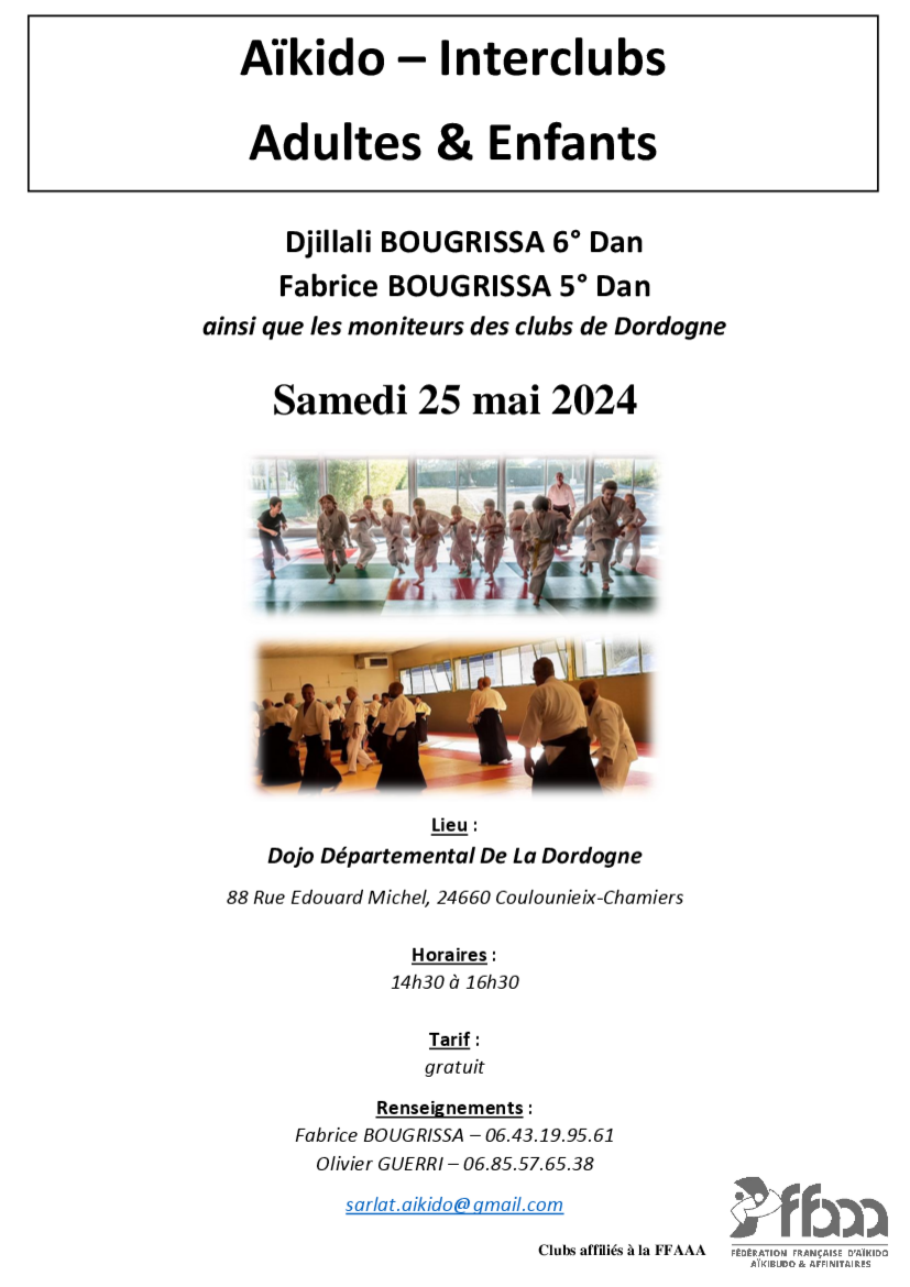 Affiche du Stage d'Aïkido à Coulounieix-Chamiers animé par Fabrice Bougrissa et Djillali Bougrissa le samedi 25 mai 2024