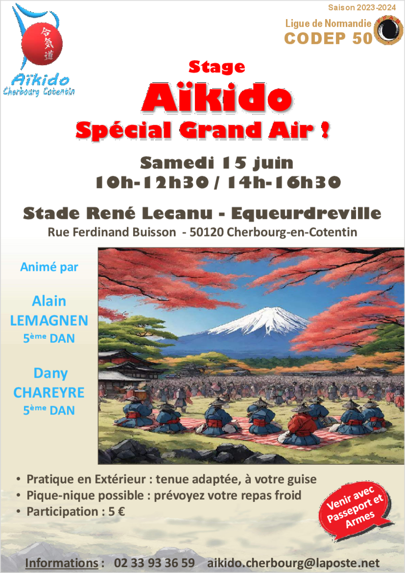 Affiche du Stage d'Aïkido à Cherbourg-en-Cotentin animé par Dany Chareyre et Alain Lemagnen le samedi 15 juin 2024