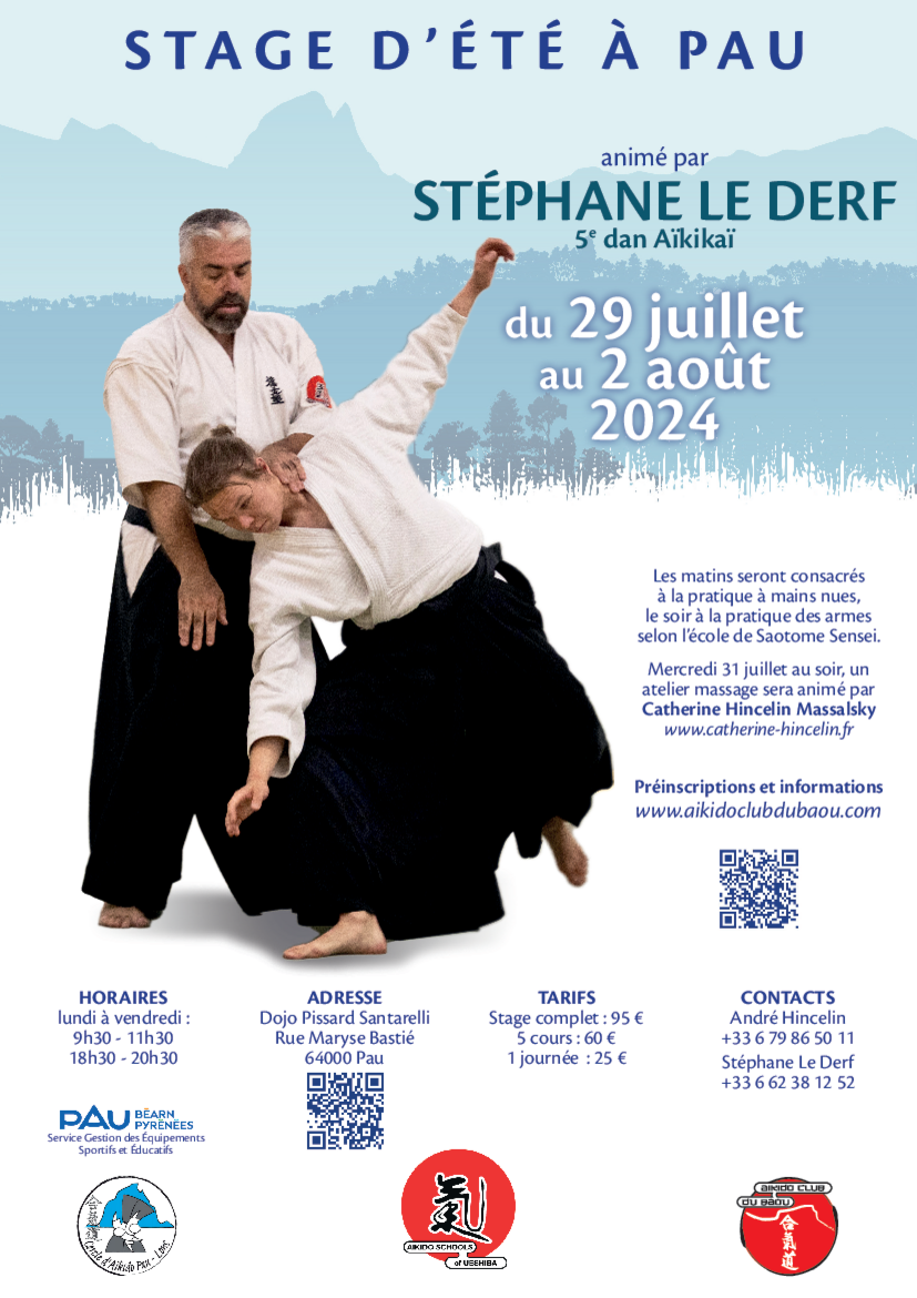 Affiche du Stage d'Aïkido à Pau animé par Stéphane Le Derf du lundi 29 juillet 2024 au vendredi 2 août 2024