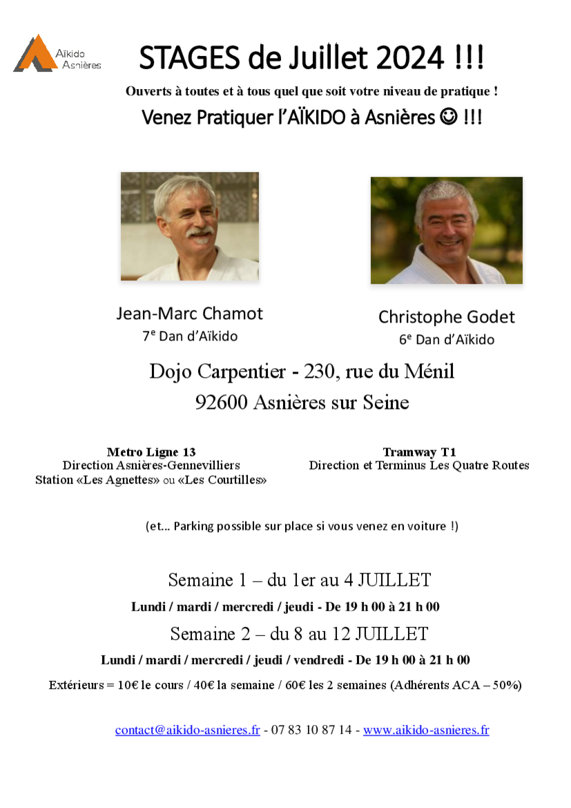 Affiche du Stage d'Aïkido à Asnières-sur-Seine animé par Jean-Marc Chamot et Christophe Godet du lundi 1 juillet 2024 au jeudi 4 juillet 2024