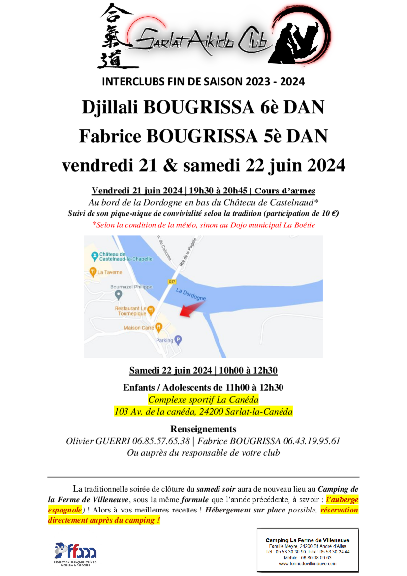 Affiche du Stage d'Aïkido à Sarlat-la-Canéda animé par Fabrice Bougrissa et Djillali Bougrissa du vendredi 21 juin 2024 au samedi 22 juin 2024