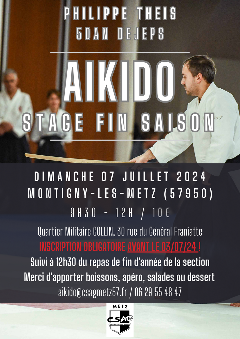 Affiche du Stage d'Aïkido à Montigny-lès-Metz animé par Philippe Theis le dimanche 7 juillet 2024