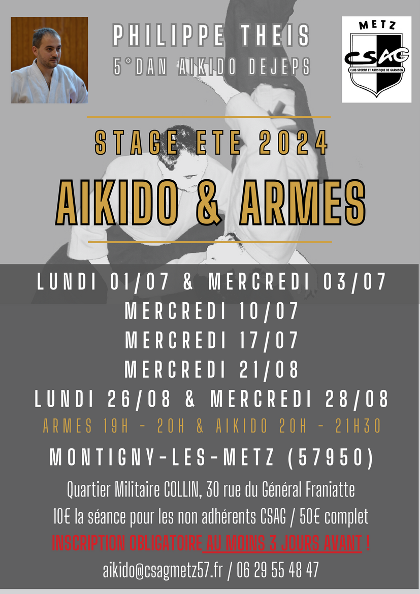 Affiche du Stage d'Aïkido à Montigny-lès-Metz animé par Philippe Theis du lundi 1 juillet 2024 au mercredi 28 août 2024