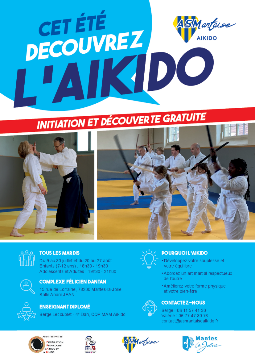 Affiche du Stage d'Aïkido à Mantes-la-Jolie animé par Serge Lecoublet le mardi 9 juillet 2024