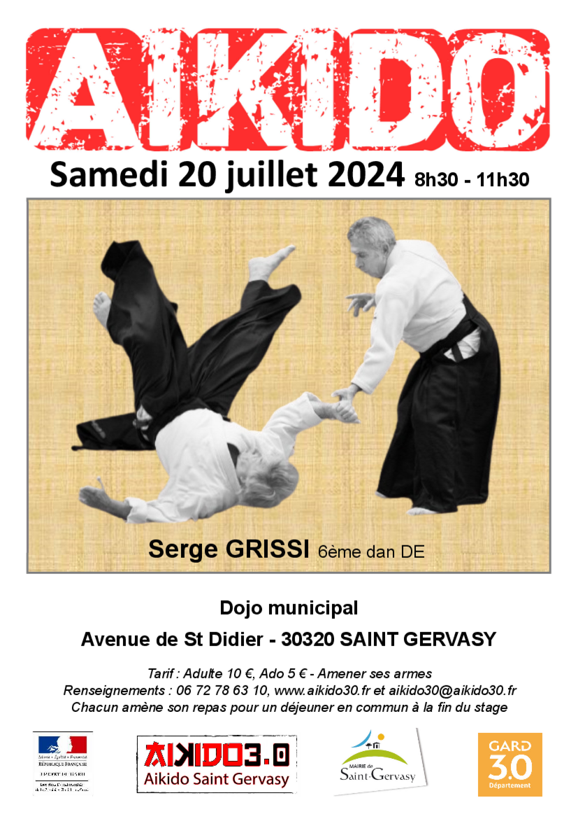 Affiche du Stage d'Aïkido à Saint-Gervasy animé par Serge Grissi le samedi 20 juillet 2024