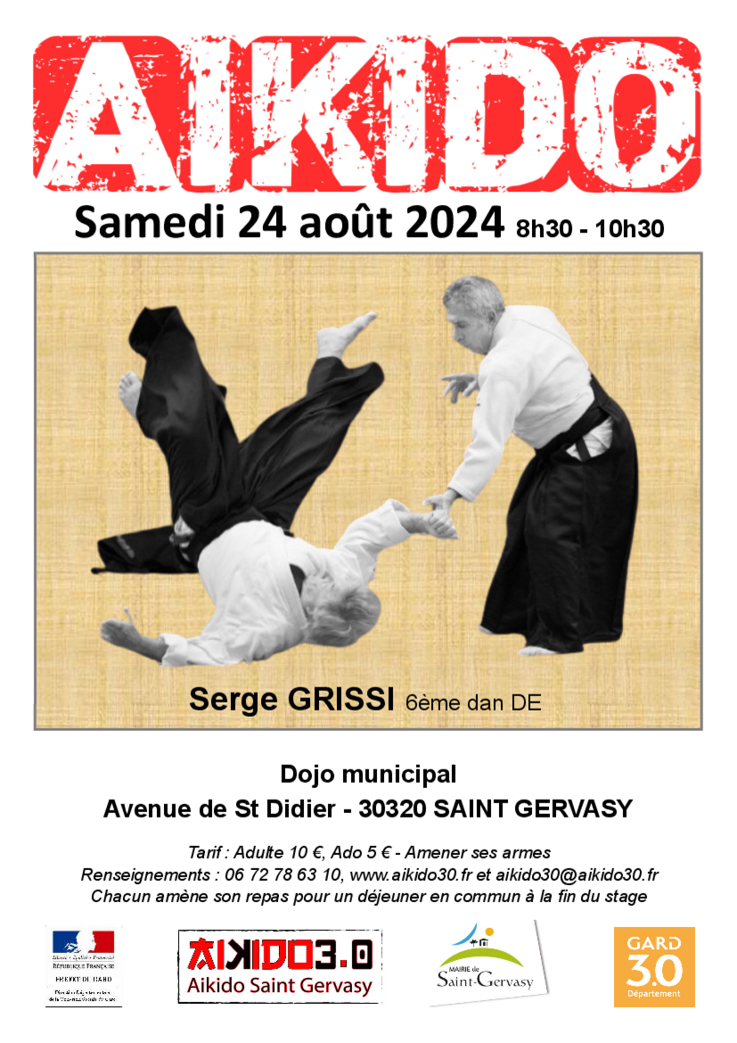 Affiche du Stage d'Aïkido à Saint-Gervasy animé par Serge Grissi le samedi 24 août 2024