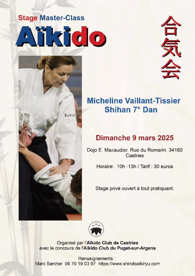 Affiche du Stage d'Aïkido à Castries animé par Micheline Vaillant-Tissier le dimanche 9 mars 2025