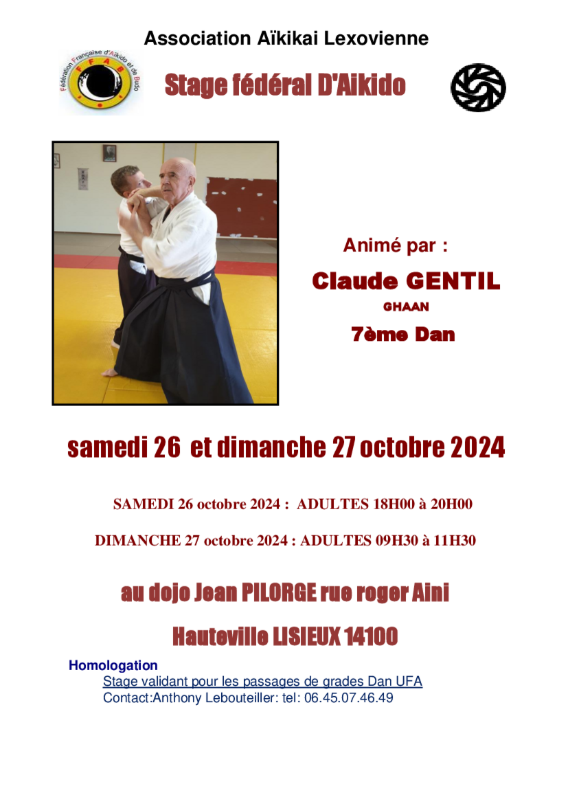 Affiche du Stage d'Aïkido à Lisieux animé par Claude Gentil du samedi 26 octobre 2024 au dimanche 27 octobre 2024