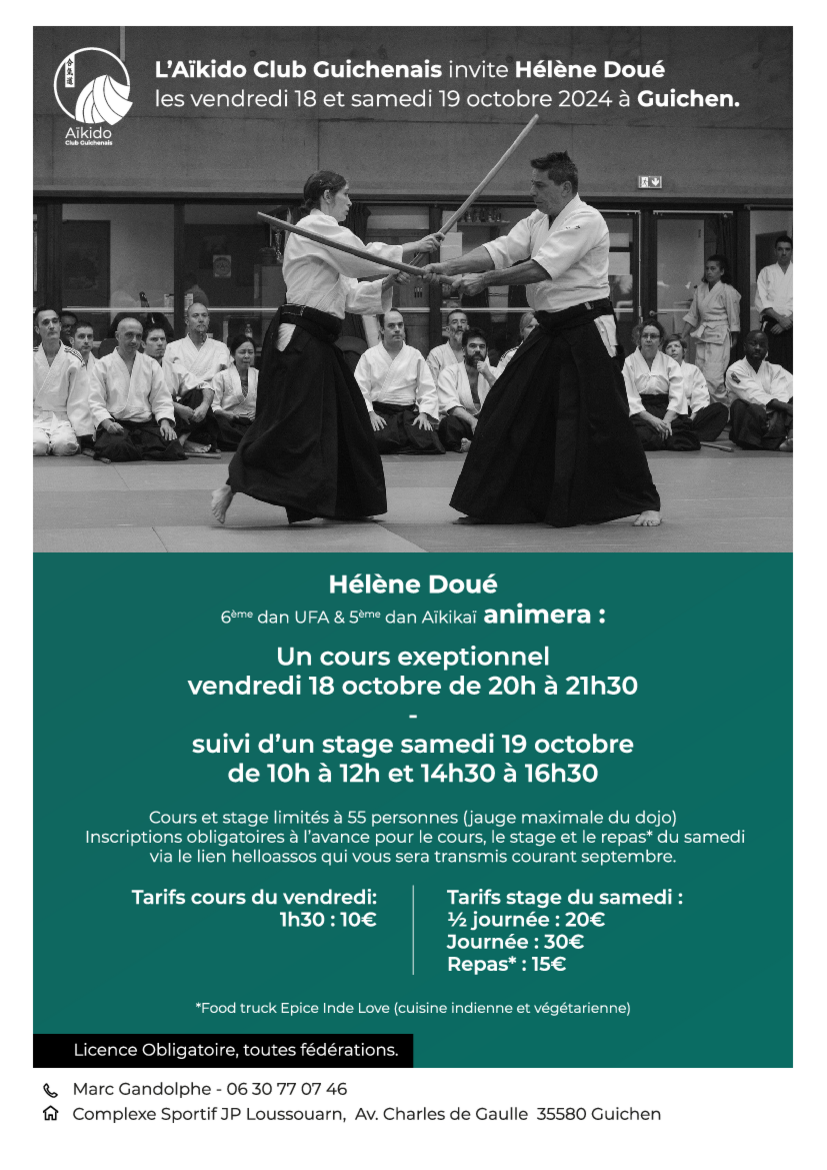 Affiche du Stage d'Aïkido à Guichen animé par Hélène Doué le samedi 19 octobre 2024