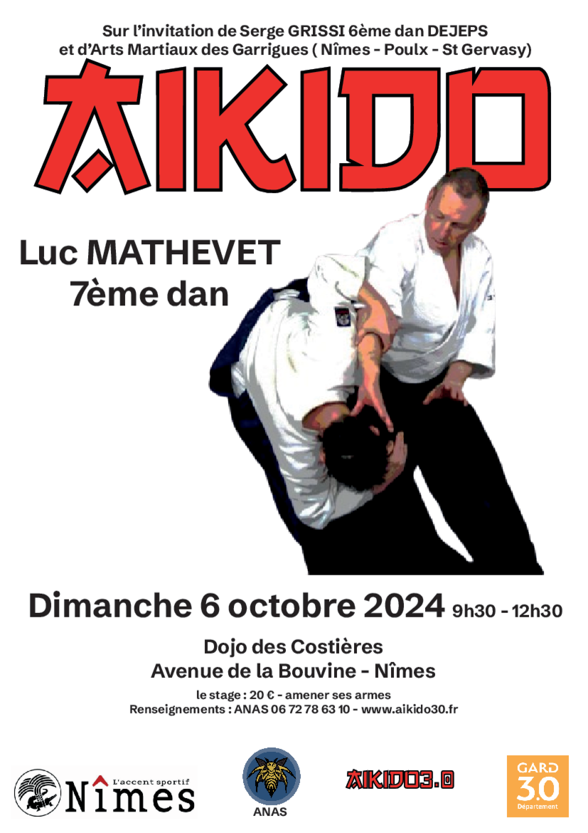 Affiche du Stage d'Aïkido à Nîmes animé par Luc Mathevet le dimanche 6 octobre 2024