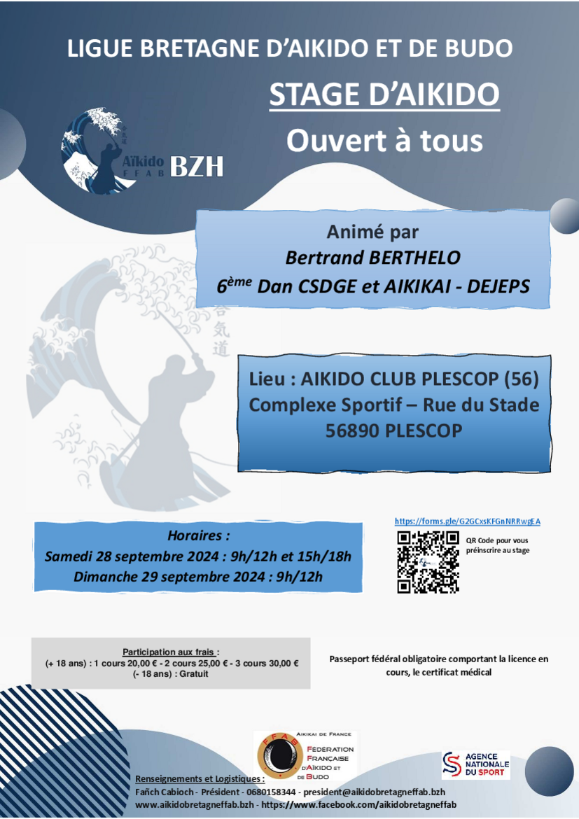 Affiche du Stage d'Aïkido à Plescop animé par Bertrand Berthelo du samedi 28 septembre 2024 au dimanche 29 septembre 2024