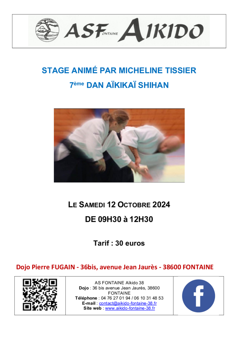 Affiche du Stage d'Aïkido à Fontaine animé par Micheline Vaillant-Tissier le samedi 12 octobre 2024