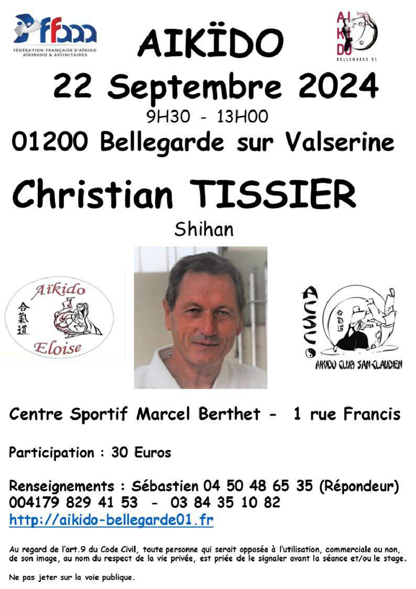 Affiche du Stage d'Aïkido à Valserhône animé par Christian Tissier le dimanche 22 septembre 2024