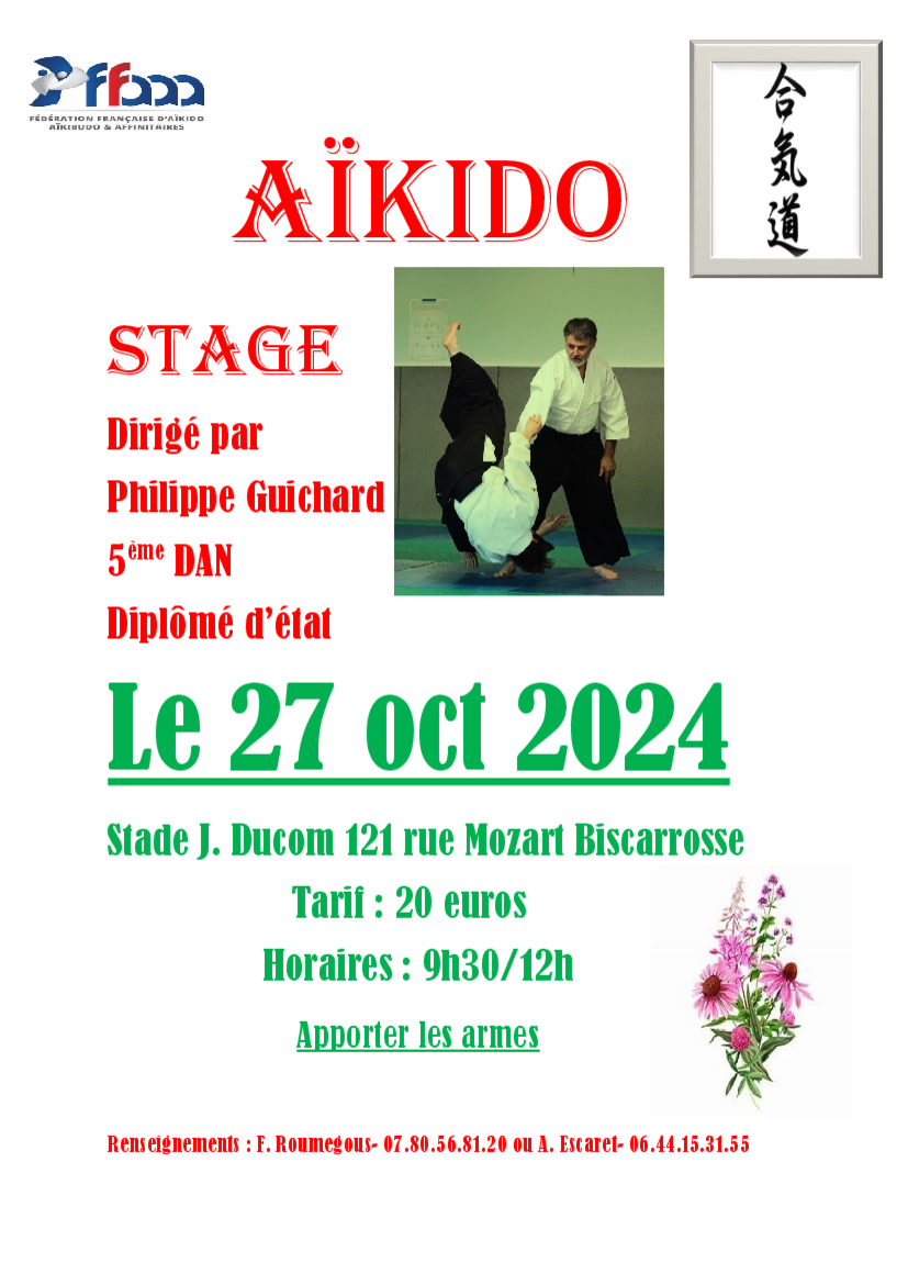 Affiche du Stage d'Aïkido à Biscarrosse animé par Philippe Guichard le dimanche 27 octobre 2024