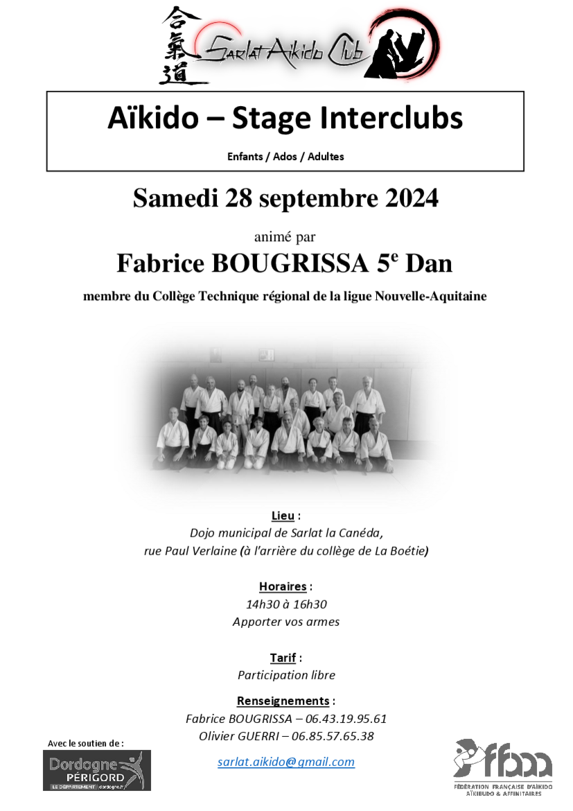 Affiche du Stage d'Aïkido à Sarlat-la-Canéda animé par Fabrice Bougrissa le samedi 28 septembre 2024