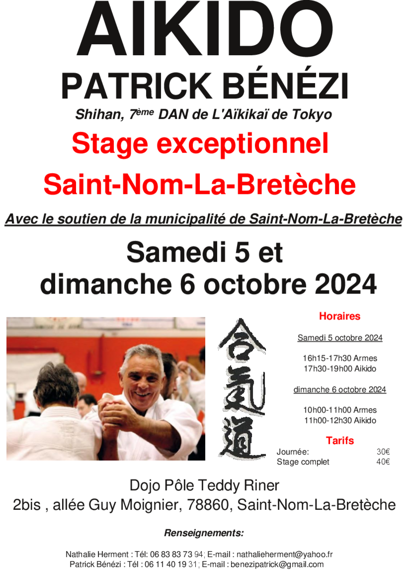 Affiche du Stage d'Aïkido à Saint-Nom-la-Bretèche animé par Patrick Benezi du samedi 5 octobre 2024 au dimanche 6 octobre 2024