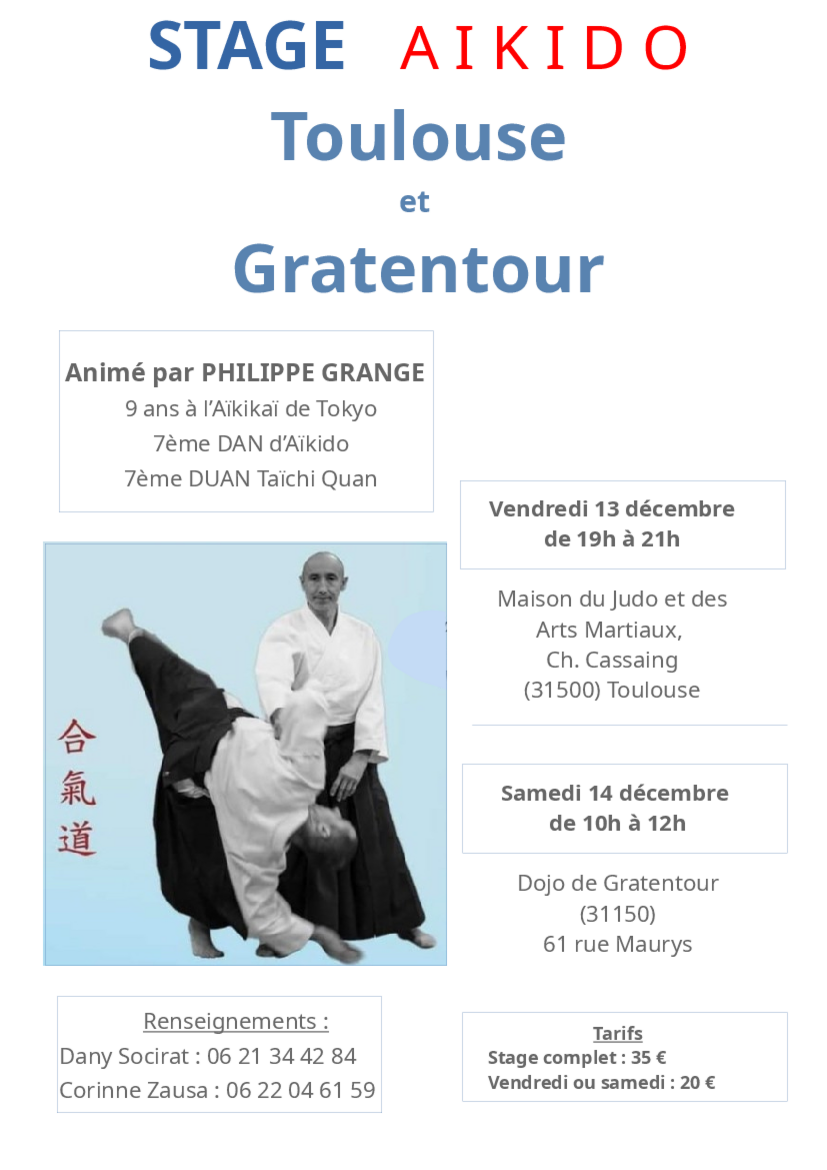 Affiche du Stage d'Aïkido à Gratentour animé par Philippe Grangé le samedi 14 décembre 2024