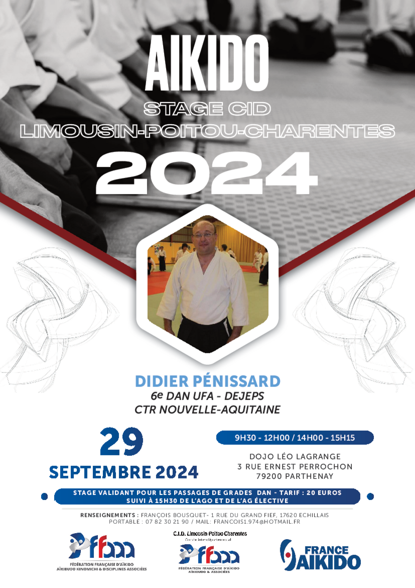 Affiche du Stage d'Aïkido à Parthenay animé par Didier Penissard le dimanche 29 septembre 2024