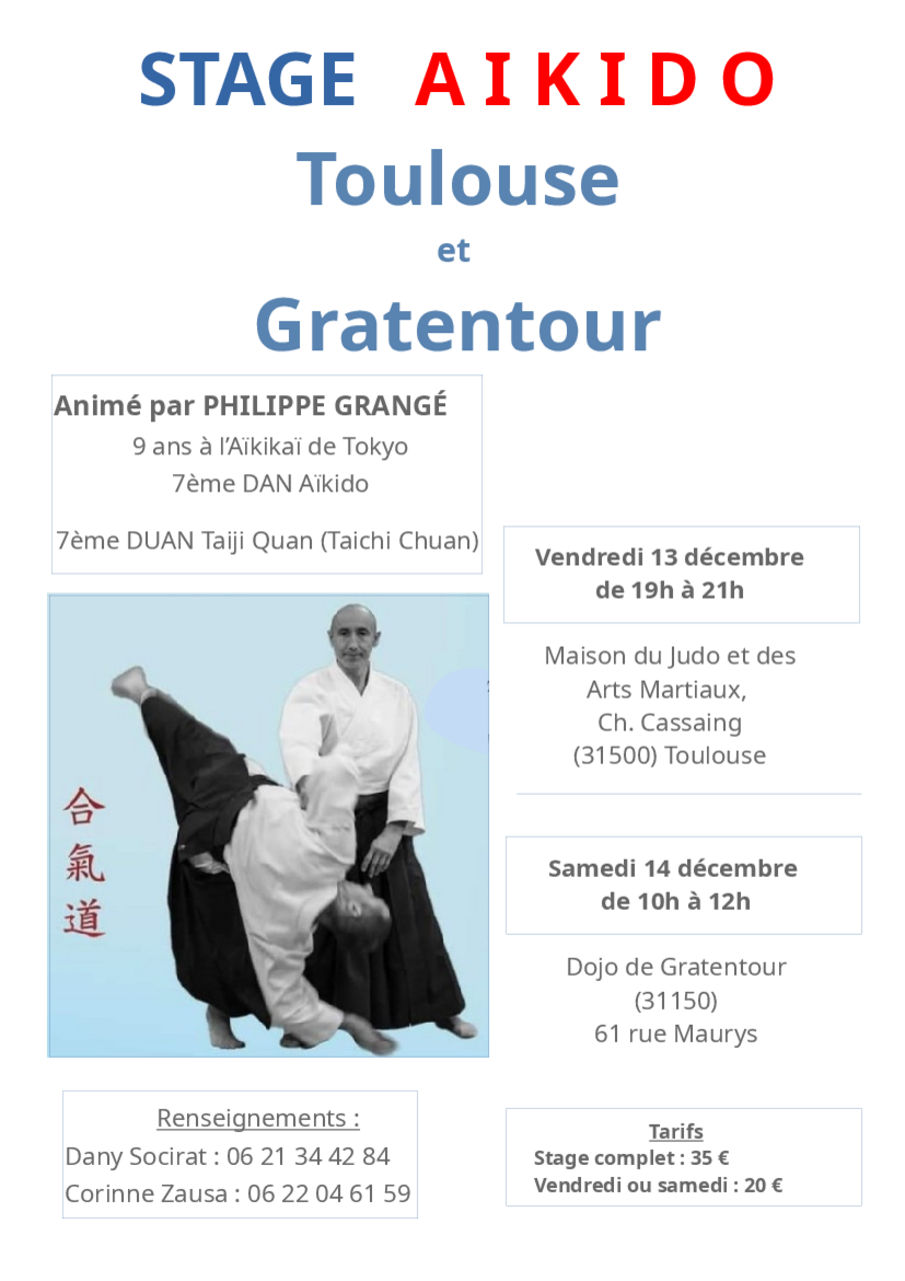 Affiche du Stage d'Aïkido à Toulouse animé par Philippe Grangé le vendredi 13 décembre 2024