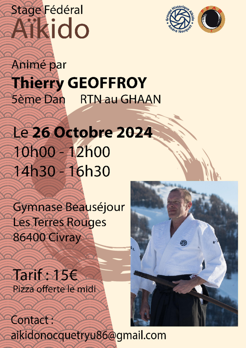 Affiche du Stage d'Aïkido à Civray animé par Thierry Geoffroy le samedi 26 octobre 2024