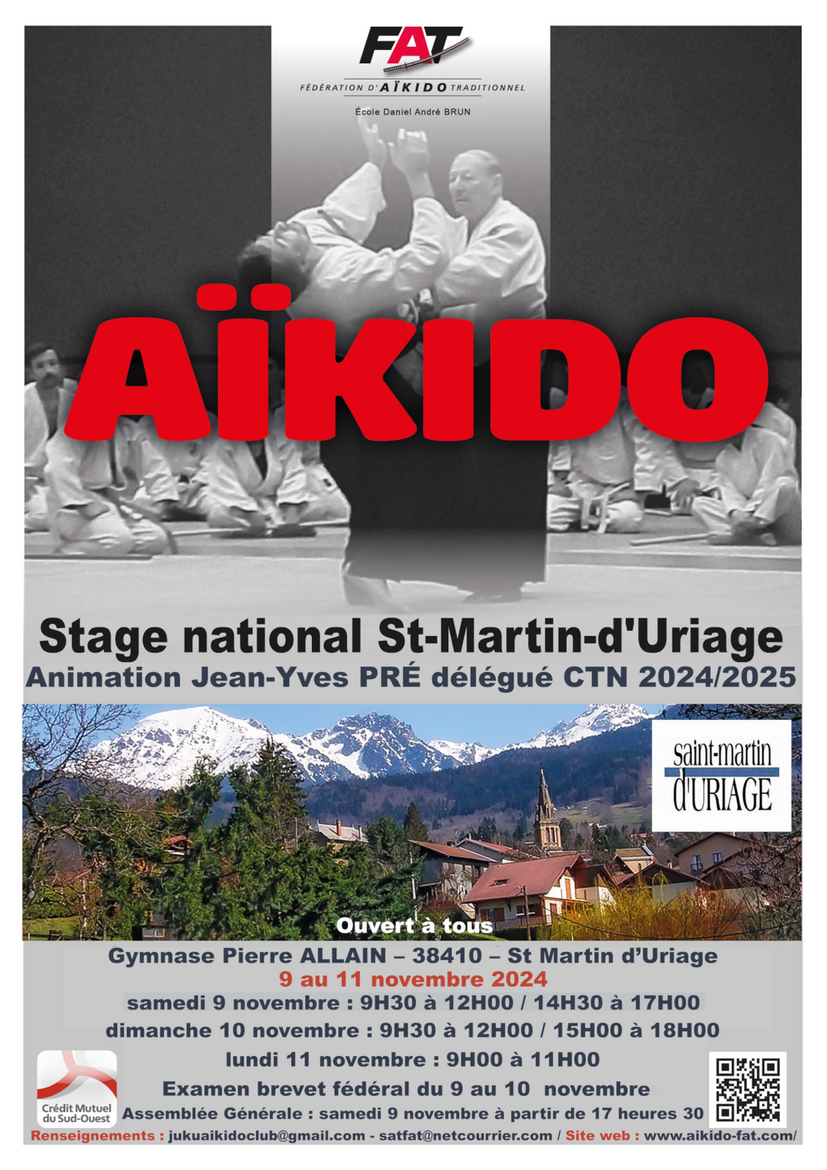 Affiche du Stage d'Aïkido à Saint-Martin-d'Uriage animé par Jean-Yves Pre du samedi 9 novembre 2024 au lundi 11 novembre 2024