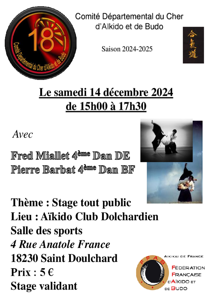 Affiche du Stage d'Aïkido à Saint-Doulchard animé par Frédéric Miallet et Pierre Barbat le samedi 14 décembre 2024