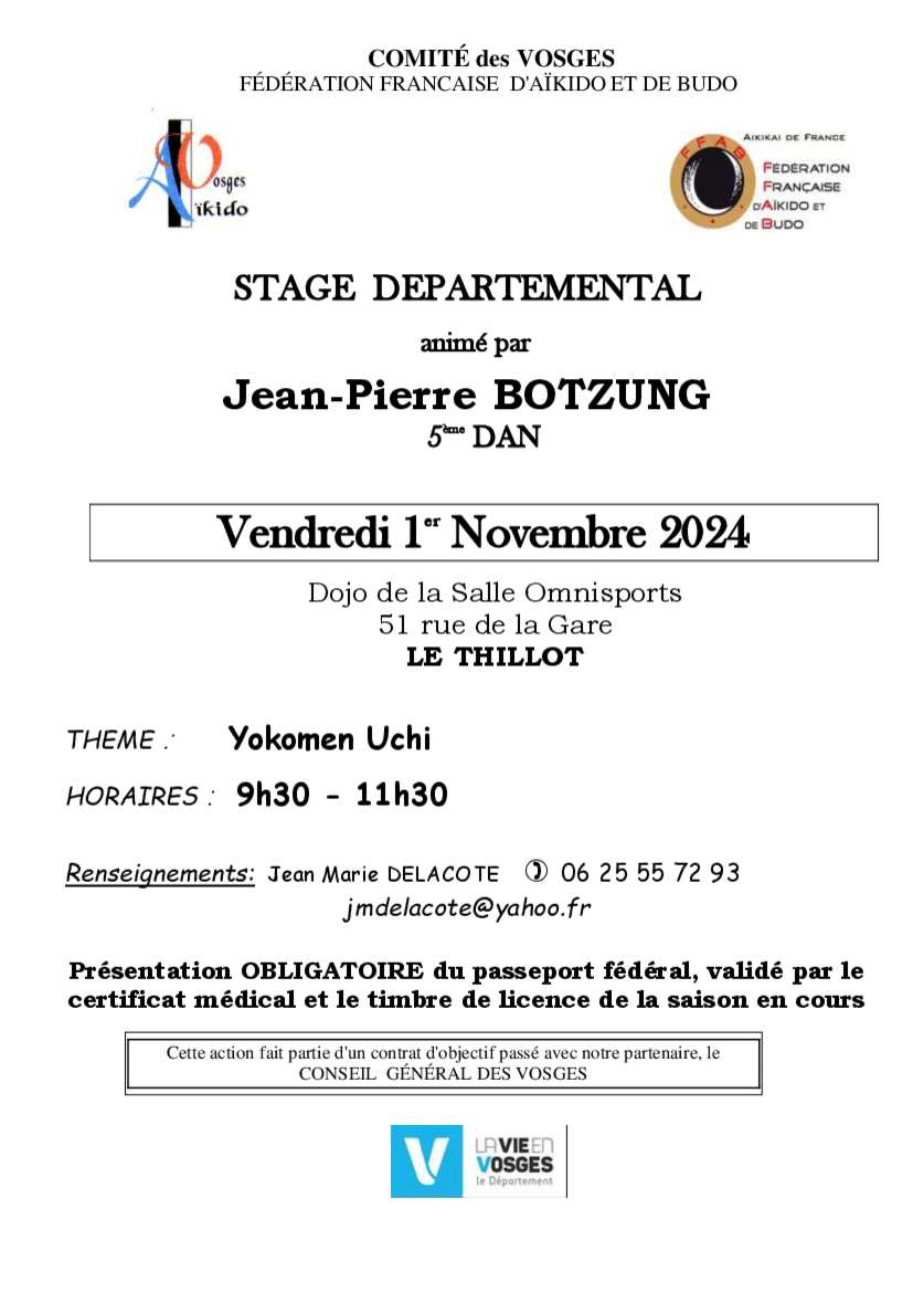 Affiche du Stage d'Aïkido à Le Thillot animé par Jean-Pierre Botzung le vendredi 1 novembre 2024