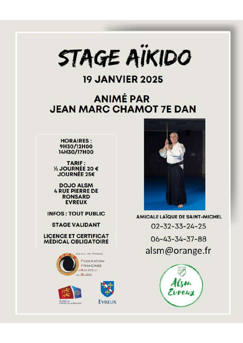 Affiche du Stage d'Aïkido à Évreux animé par Jean-Marc Chamot le dimanche 19 janvier 2025