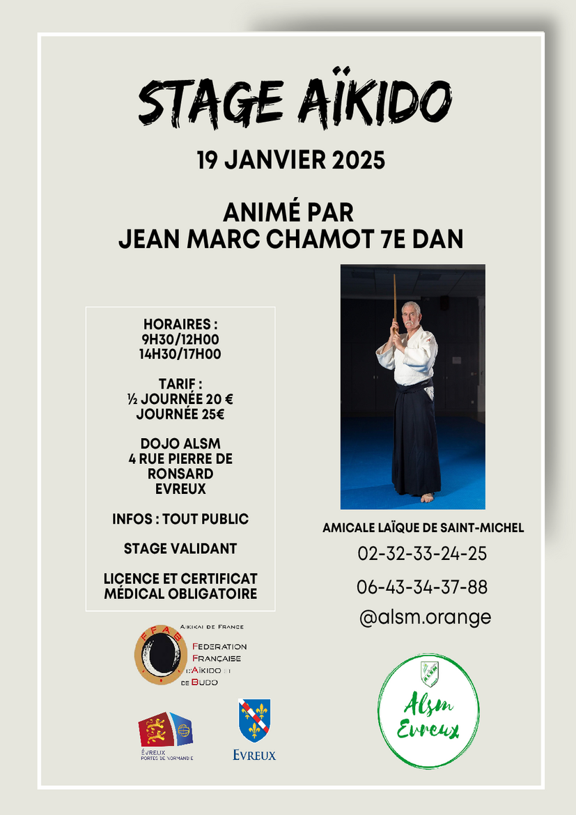 Affiche du Stage d'Aïkido à Évreux animé par Jean-Marc Chamot le dimanche 19 janvier 2025