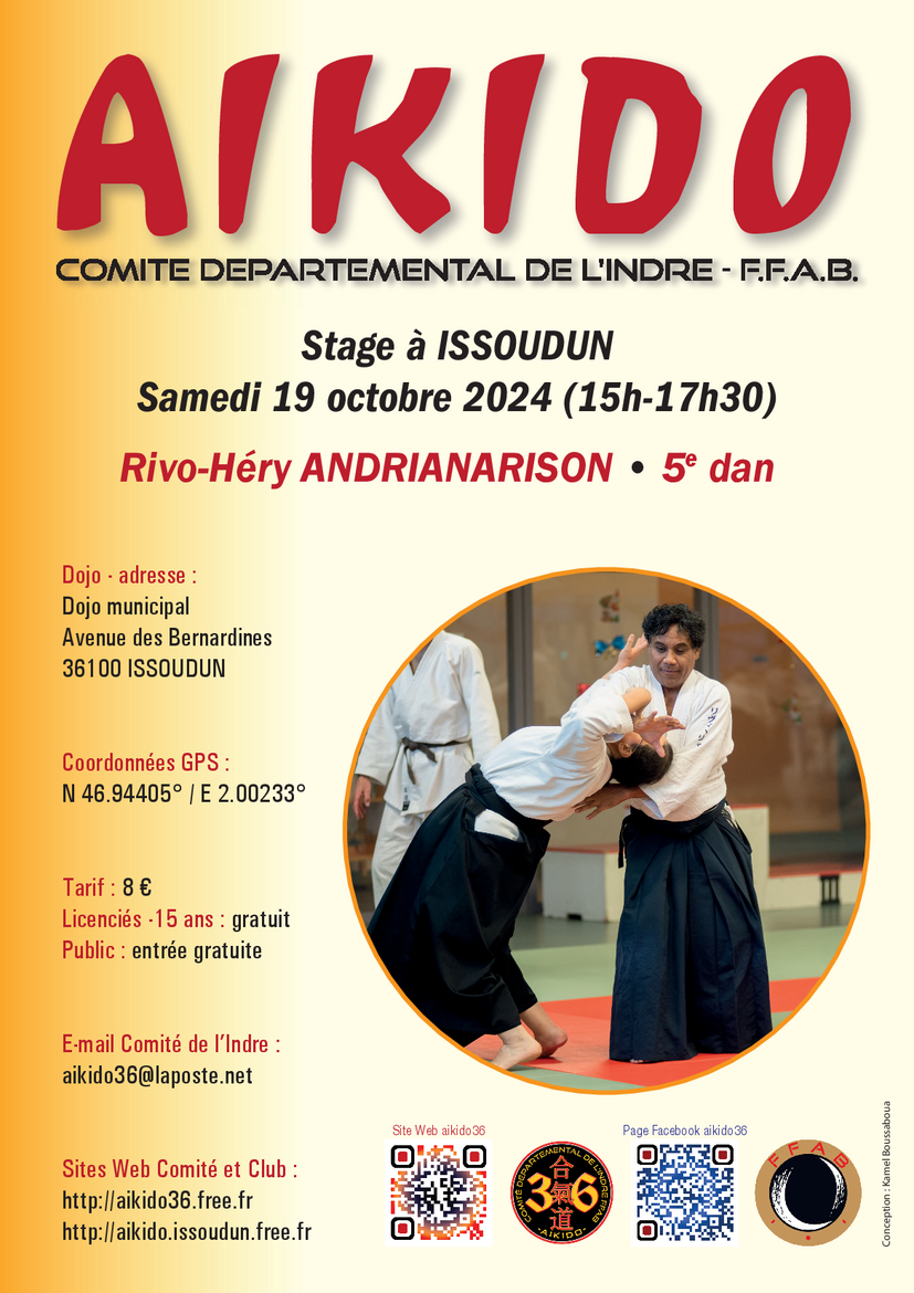 Affiche du Stage d'Aïkido à Issoudun animé par Rivo-Héry Andrianarison le samedi 19 octobre 2024