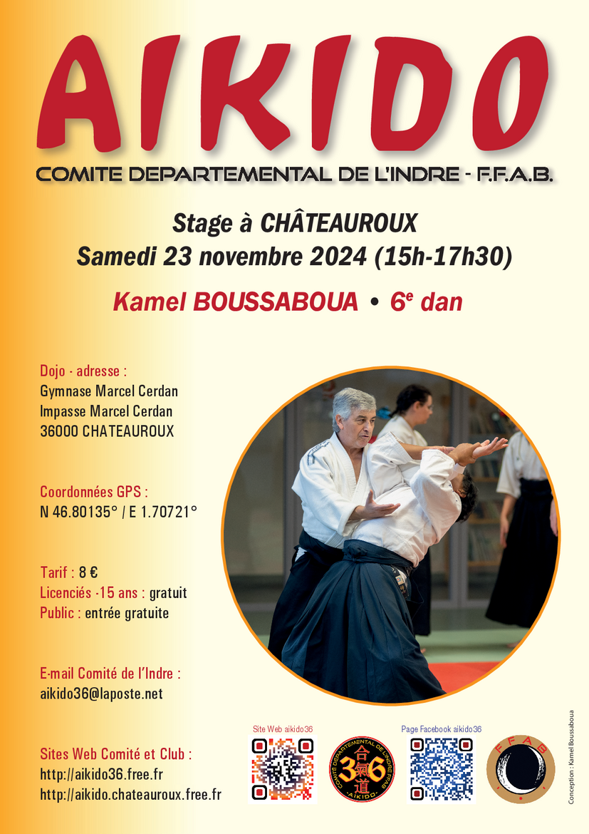 Affiche du Stage d'Aïkido à Châteauroux animé par Kamel Boussaboua le samedi 23 novembre 2024